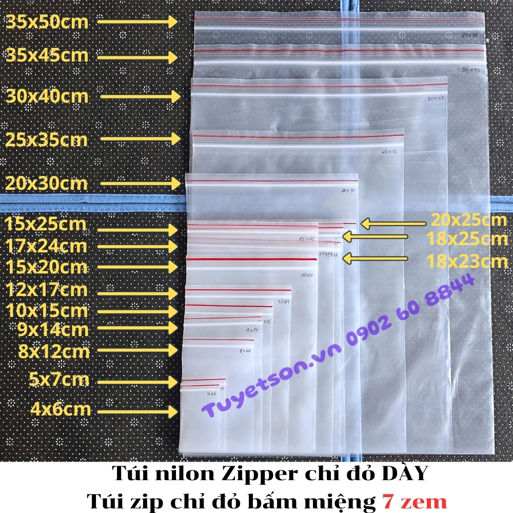 T&uacute;i nilon Zipper chỉ đỏ D&Agrave;Y, t&uacute;i zip chỉ đỏ bấm miệng 7 zem
